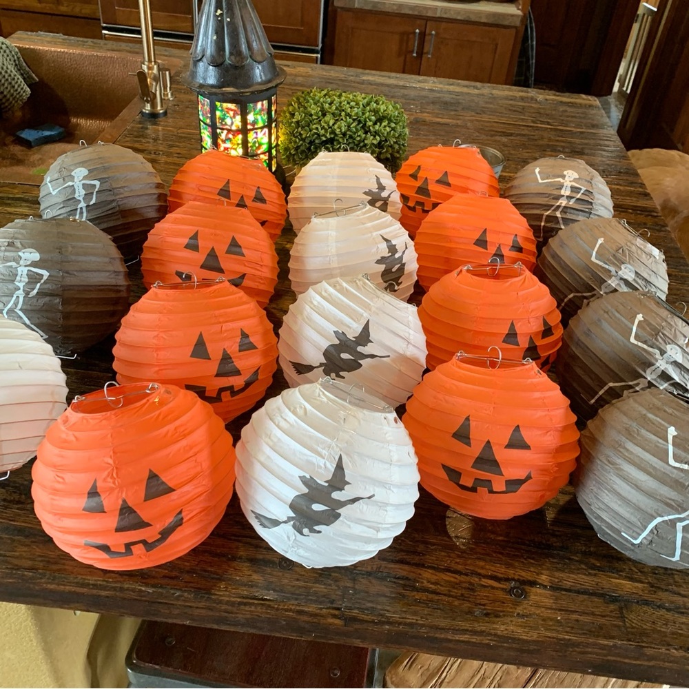 Retired Pottery Barn Halloween Hanging Paper Lanterns Witch Pumpkins Skeletons